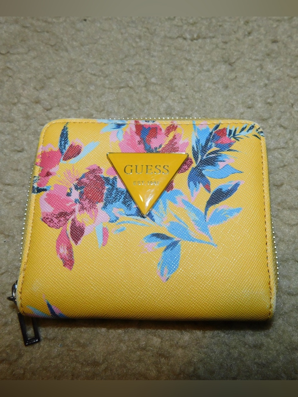 GUESS Yellow Floral Zip-Around Wallet with Logo Triangle